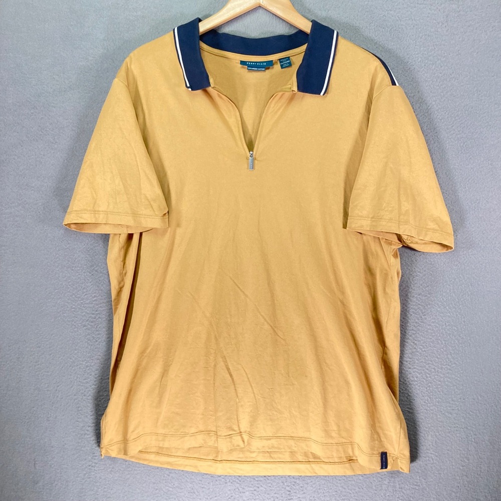 Perry Ellis Mens XXL Quarter Zip Polo Shirt Gold Mercerized Cotton Casual